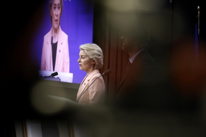 European Commission President Ursula von der Leyen addresses a media conference at an EU Summit in Brussels, Thursday, March 21, 2024. European Union leaders were urged Thursday to show the same respect for international law in Gaza as they aim to uphold in Ukraine, as hundreds of thousands of Palestinians face dire food shortages and possible famine. (AP Photo/Omar Havana)