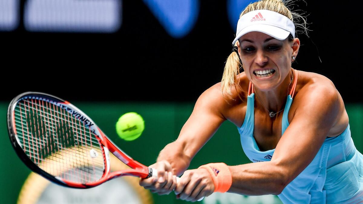 Angelique Kerber returns a shot against Kristyna Pliskova during their third-round match at the Australian Open on Friday.