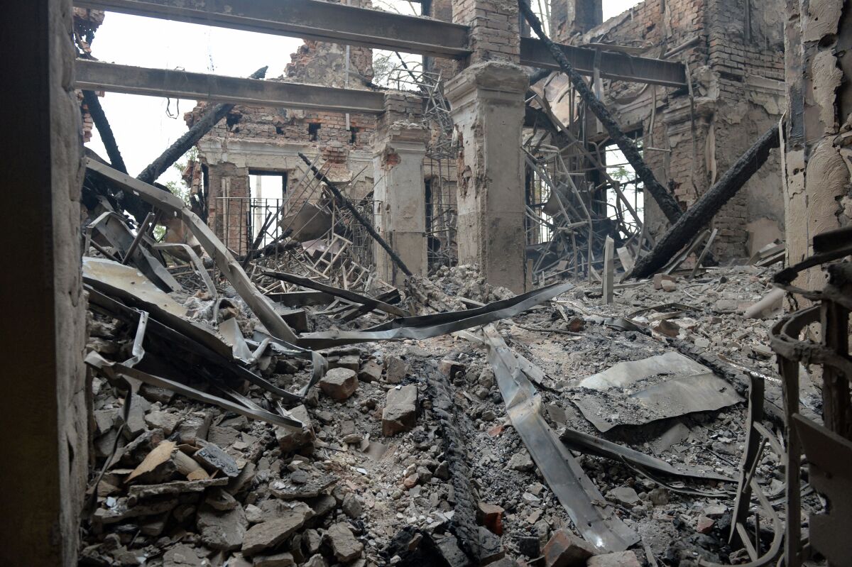 A destroyed school building near the Ukrainian-Russian border.