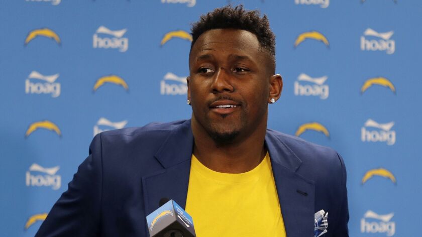 Thomas Davis speaks at his introductory news conference after signing with the Chargers in March.