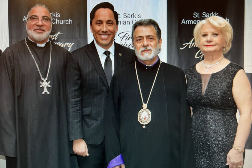The Very Rev. Pakrad Berjekian, San Diego Mayor Todd Gloria, Archbishop Hovnan Derderian and gala co-chair Kathy Kassardjian