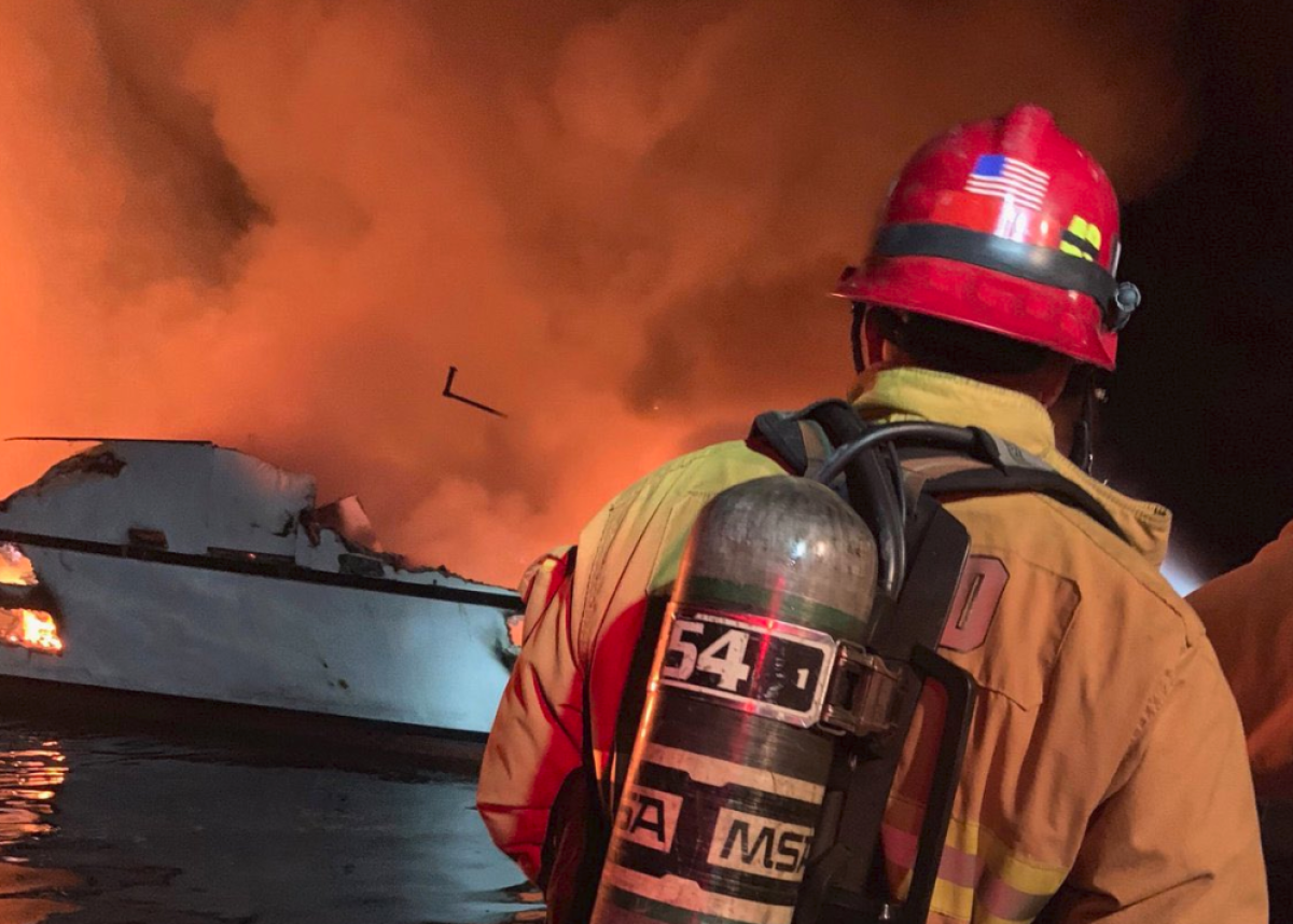 Fire engulfs the 75-foot commercial dive boat Conception off Santa Cruz Island.