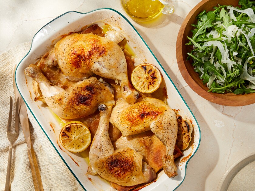 Roasted Chicken Legs With Fennel and Arugula Salad.