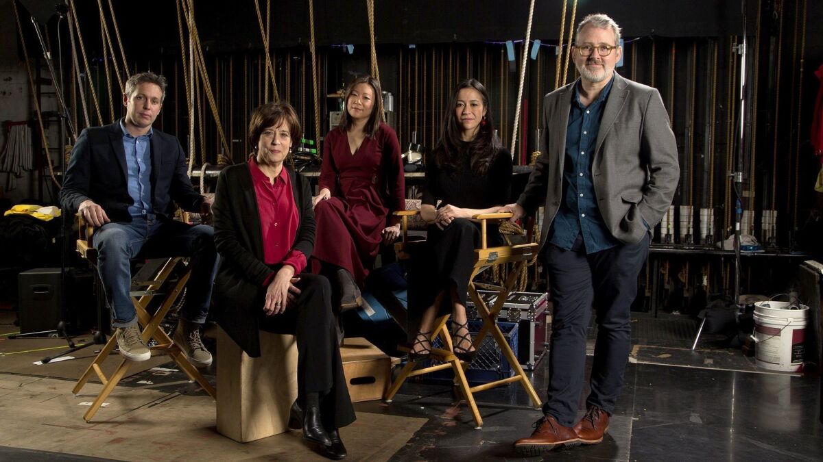From left: Tim Wardle ("Three Identical Strangers"), Betsy West ("RBG"), Sandi Tan ("Shirkers"), Elizabeth Chai Vasarhelyi ("Free Solo") and Morgan Neville ("Won't You Be My Neighbor") gather for The Envelope's documentary roundtable at the Montalban Theater.