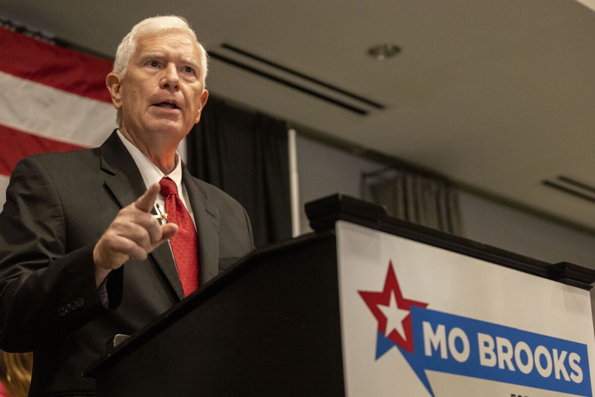 FILE - Mo Brooks speaks to supporters at his watch party for the Republican nomination for U.S. Senator of Alabama at the Huntsville Botanical Gardens on May 24, 2022, in Huntsville, Ala. U.S. Senate candidate Katie Britt, who last month sharply criticized one opponent for not debating in the race, now indicated she will not debate opponent Brooks ahead of the runoff election in June. (AP Photo/Vasha Hunt, File)