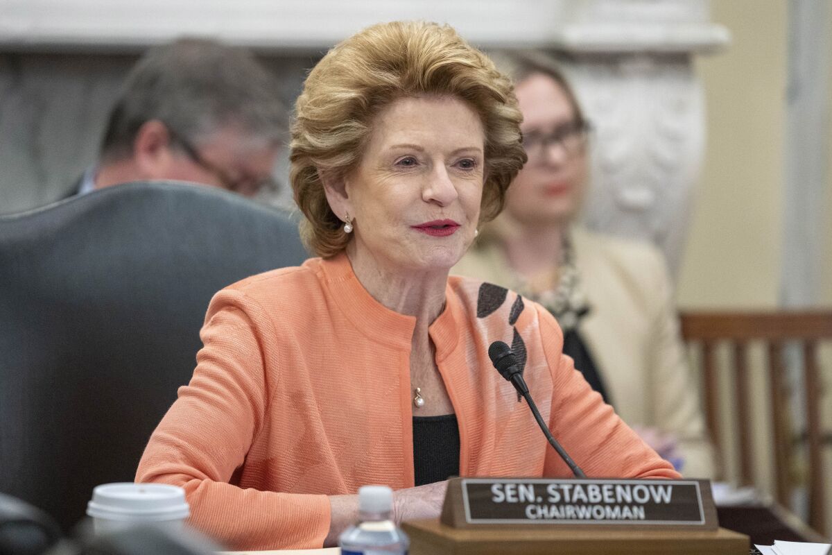 FILE - Chairwoman Sen. Debbie Stabenow, D-Mich., speaks during a hearing of the Senate Agriculture, Nutrition, and Forestry Committee to examine the Department of Agriculture, on Capitol Hill, March 16, 2023, in Washington. (AP Photo/Alex Brandon, File)