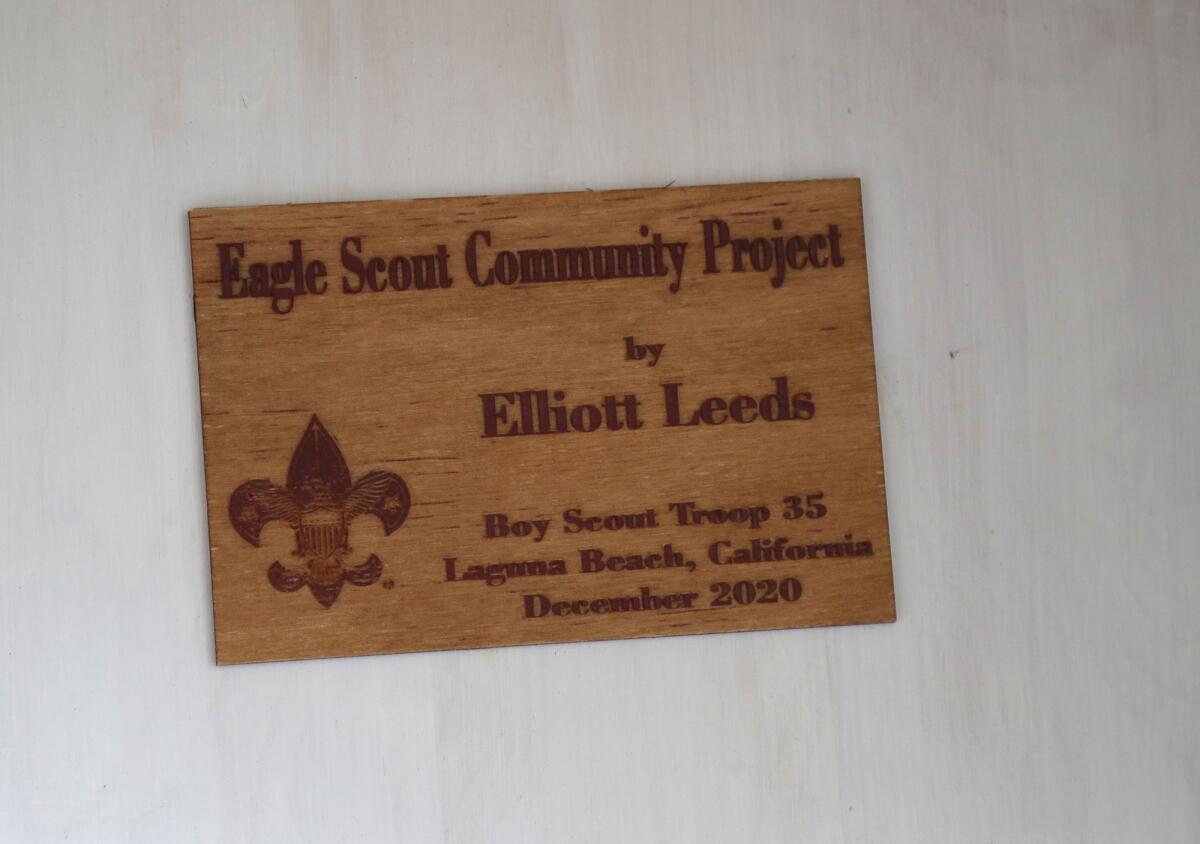 Elliott Leeds' personal stamp on a music stand to be used by the music departments at Laguna Beach secondary schools.