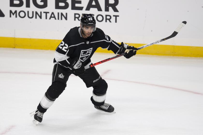 Los Angeles Kings left wing Andreas Athanasiou in the third period of an NHL hockey game against the Colorado Avalanche Tuesday, Jan. 19, 2021, in Los Angeles. (AP Photo/Kyusung Gong)