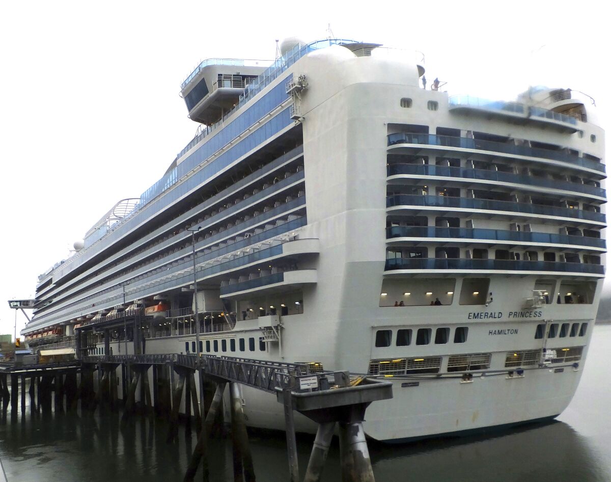 FILE - This July 26, 2017 file photo shows the Emerald Princess cruise ship docked in Juneau, Alaska. A federal judge on Thursday, June 3, 2021, in Juneau, Alaska, sentenced Kenneth Manzanares charged with first-degree murder to 30 years in prison for the beating death of his wife, Kristy Manzanares while aboard the ship on a cruise to Alaska. (AP Photo/Becky Bohrer, File)