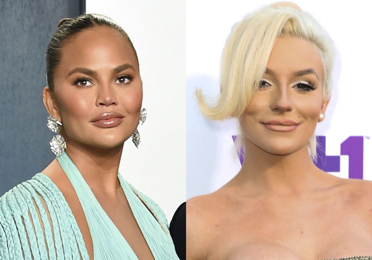Chrissy Teigen appears at the Vanity Fair Oscar Party in Beverly Hills, Calif. on Feb. 9, 2020, left, and Courtney Stodden appears at the 5th Annual Streamy Awards in Los Angeles on Sept. 17, 2015. Teigen, the wife of superstar John Legend, has apologized for harassing a then-teenage Courtney Stodden online years ago. Teigen tweeted Wednesday that she was, in her words, “an insecure, attention seeking troll” when she urged the 16-year-old Stodden to end their life. Stodden identifies as non-binary and uses the pronoun “they.” (AP Photo)