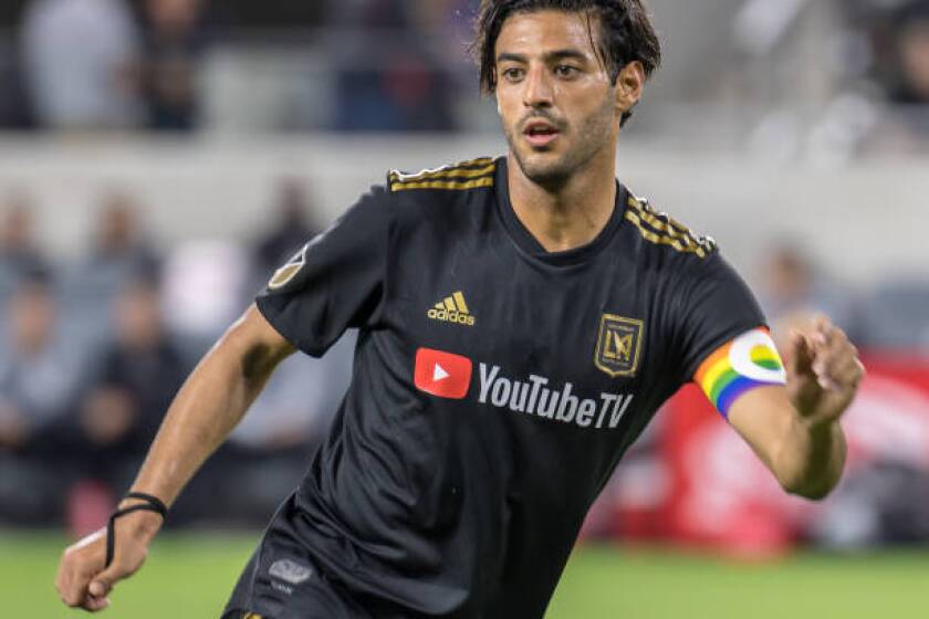 LOS ANGELES, CA - MAY 24: Carlos Vela #10 of Los Angeles FC during Los Angeles FC's MLS match against Montreal Impact at the Banc of California Stadium on May 24, 2019 in Los Angeles, California. Los Angeles FC won the match 4-2. (Photo by Shaun Clark/Getty Images)