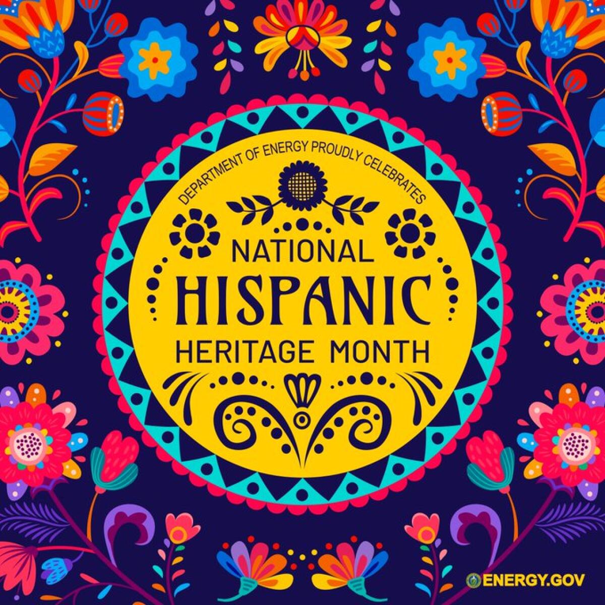 A graphic featuring bright floral patterns reads features text in a circle that reads "National Hispanic Heritage Month"
