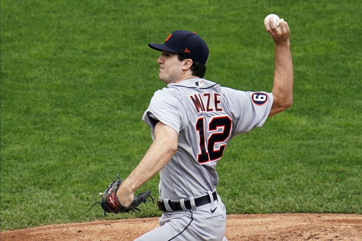 Detroit Tigers' pitcher Casey Mize throws against the Minnesota Twins in the first inning of a baseball game Sunday, Sept. 6, 2020, in Minneapolis. (AP Photo/Jim Mone)