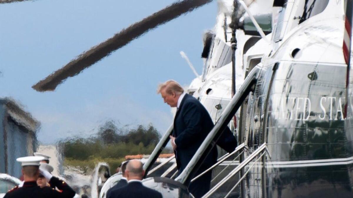 President Trump disembarks from Marine One at Santa Monica Airport en route to a fundraiser.