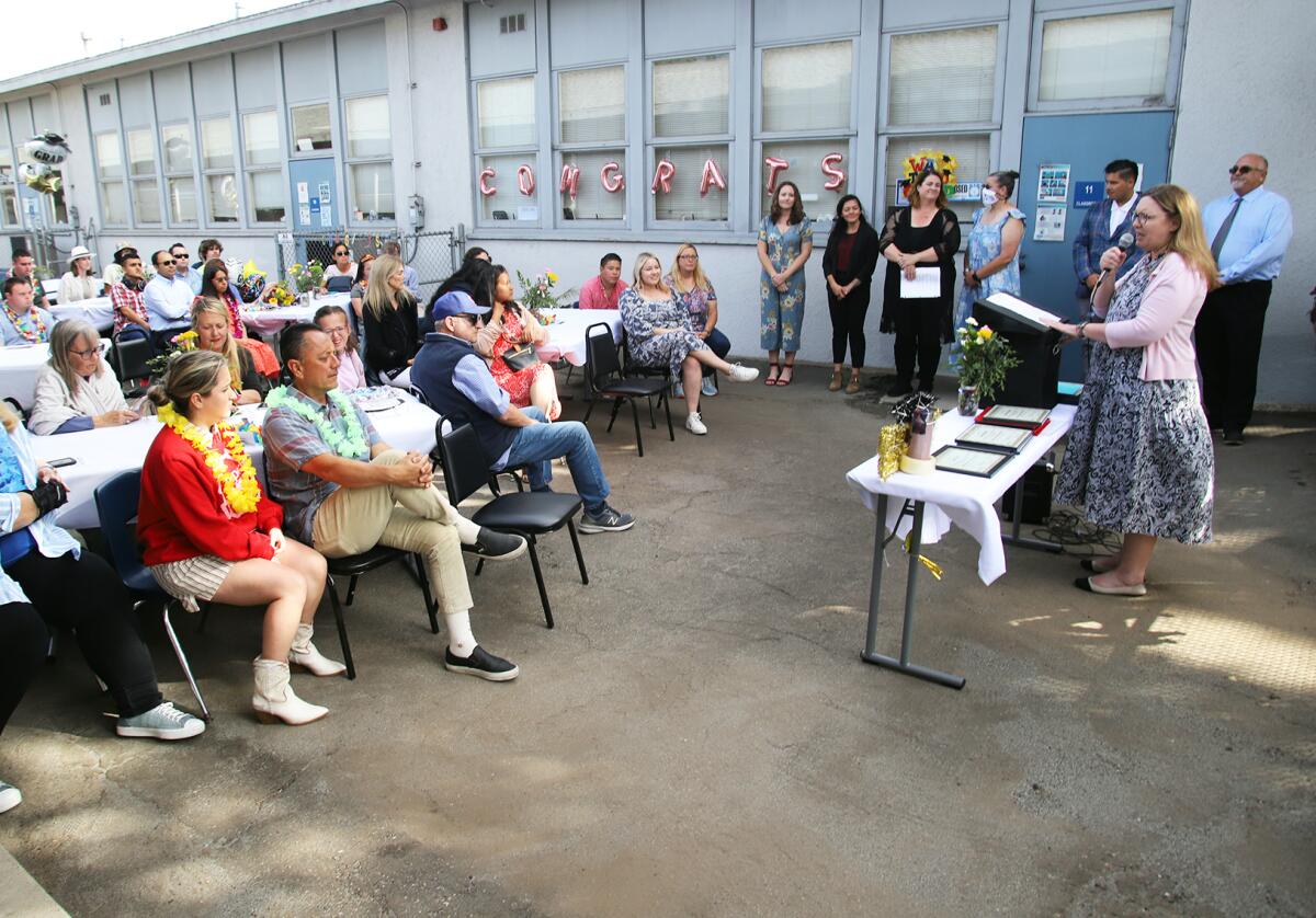 NMUSD special education coordinator Kim Doyle speaks Thursday at a STEP graduation ceremony in Costa Mesa, June 2, 2022.