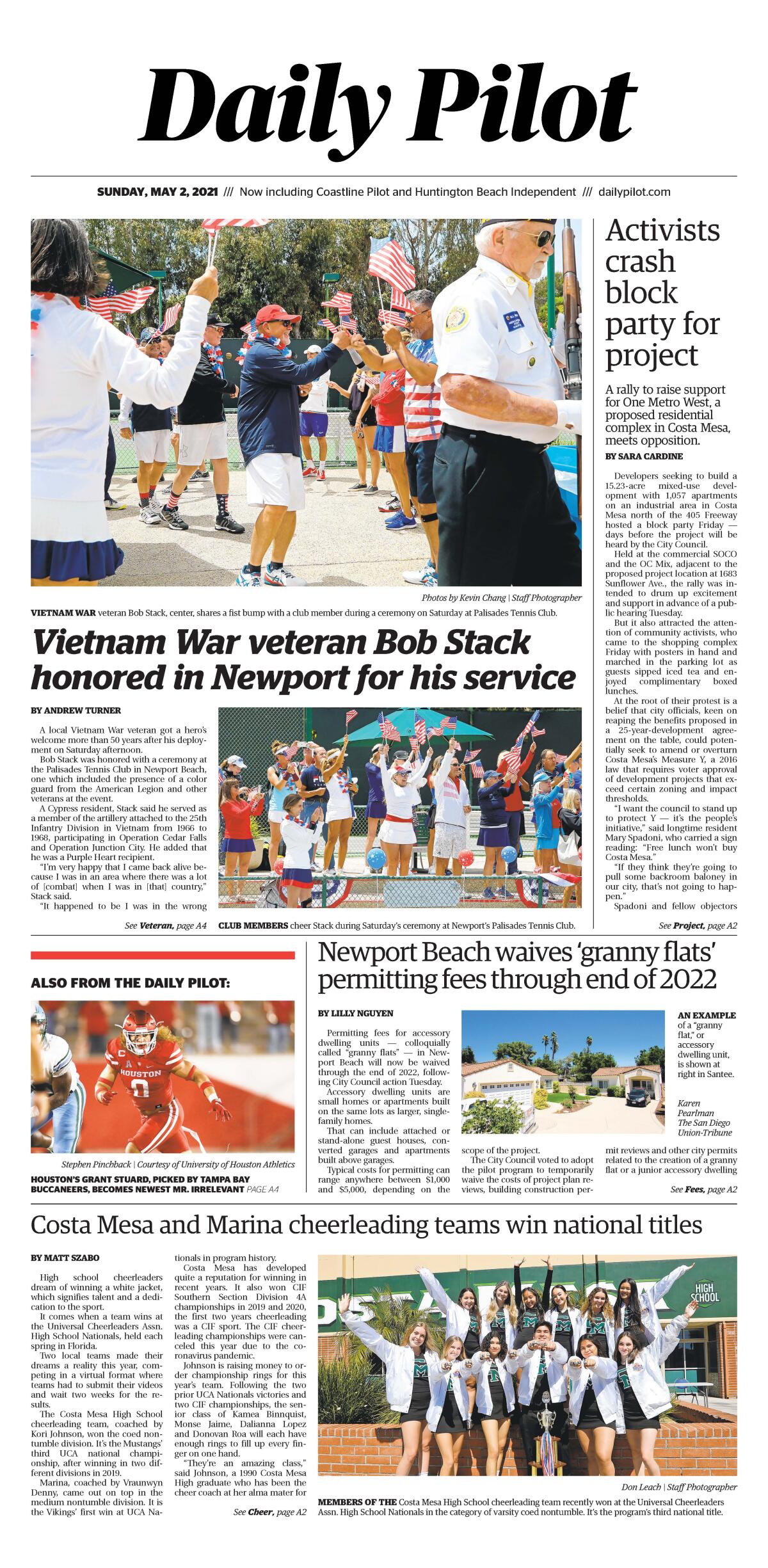 Front page of Daily Pilot e-newspaper for Sunday, May 2, 2021.