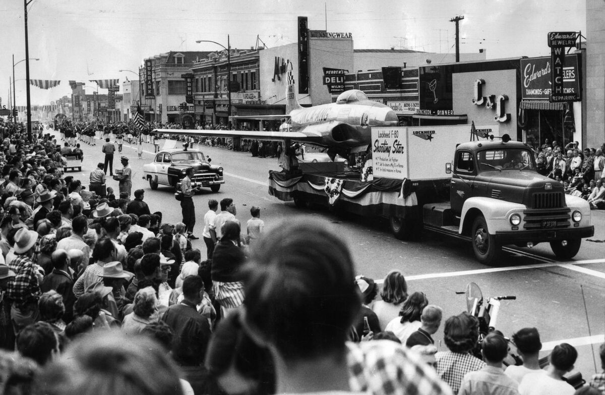 May 22, 1954: Lockheed F-80 Shooting Star jet rides a truck in the City of Burbank's 67th birthday parade on San Fernando Road.