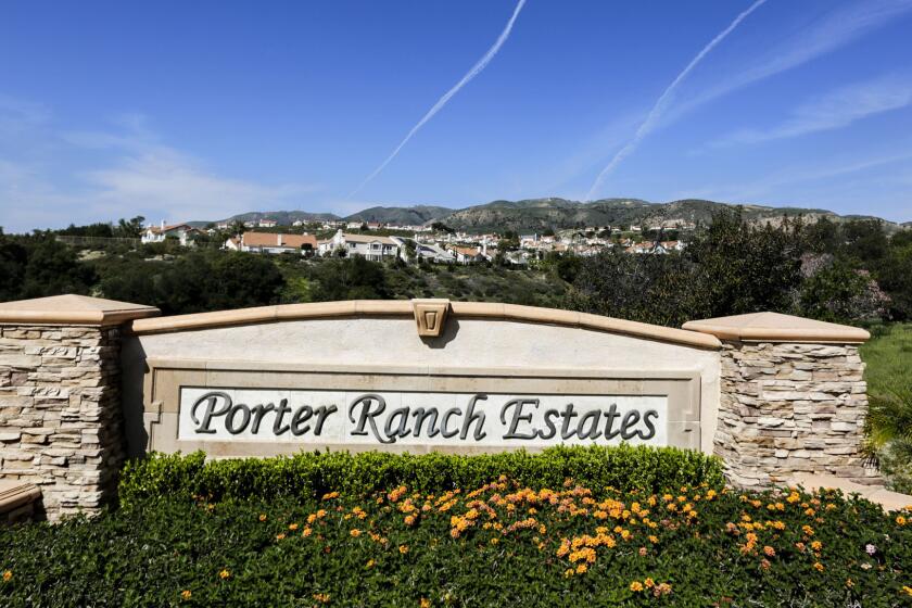 PORTER RANCH - CA - FEBRUARY 26, 2016 - Sign for Porter Ranch Estates in Porter Ranch, February 26, 2016. The question of property values is one of the most common concerns raised at community meeting and in social media forums. Though the gas leak began months ago, it is still too soon to know what the future holds for Porter Ranch's home sales, according to appraisers and realtors. (Ricardo DeAratanha/Los Angeles Times)
