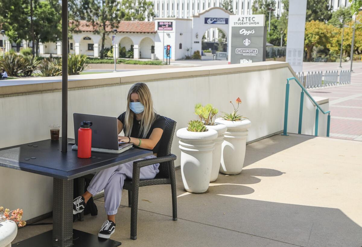 Eliana Schreppel studies outside the Aztec student union at SDSU on Wednesday.