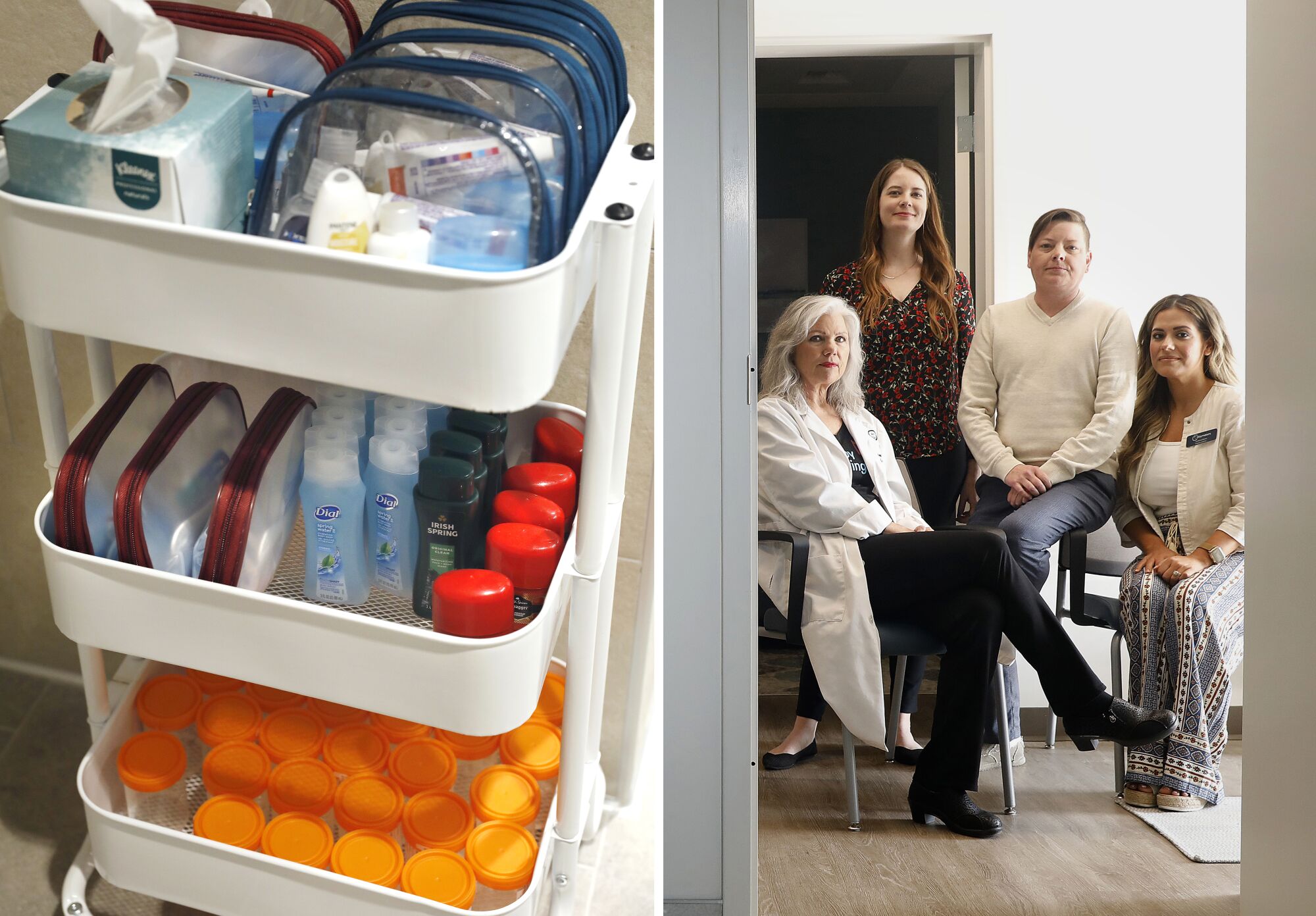 Two images show toiletry items stored in a cart and four people seated or standing together, one in a white lab coat.