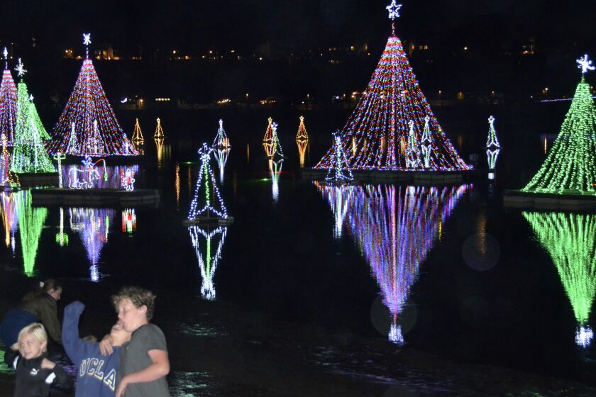 Kids pose for photo in front of the floating trees on the water during the Lighting of the Bay holiday celebration.