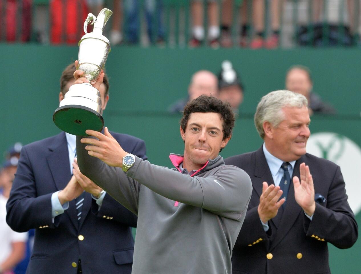 Rory McIlroy lofts the Claret Jug after winning the 143rd Open Championship at Royal Liverpool on Sunday in Hoylake, England.