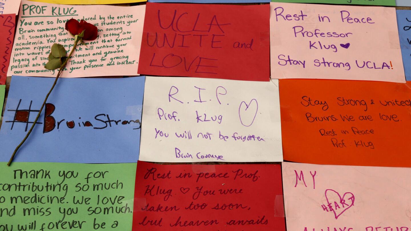 A memorial left at "The Bruin" on the UCLA campus Friday morning.
