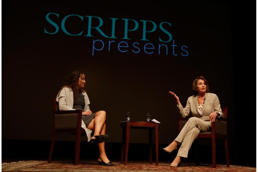 House Minority Leader Nancy Pelosi speaks to students at Scripps College on Thursday.