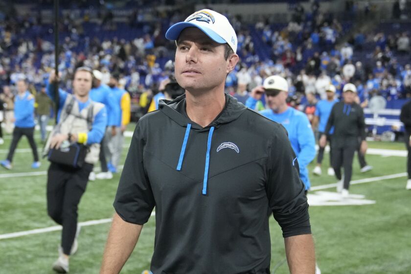 Los Angeles Chargers head coach Brandon Staley leaves the field following an NFL football game.