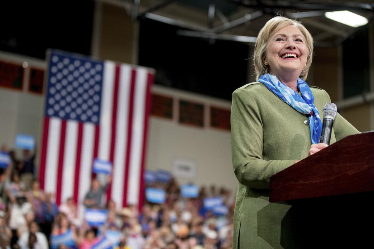 Hillary Clinton speaks at a rally in Commerce City, Colo., on Aug. 3.