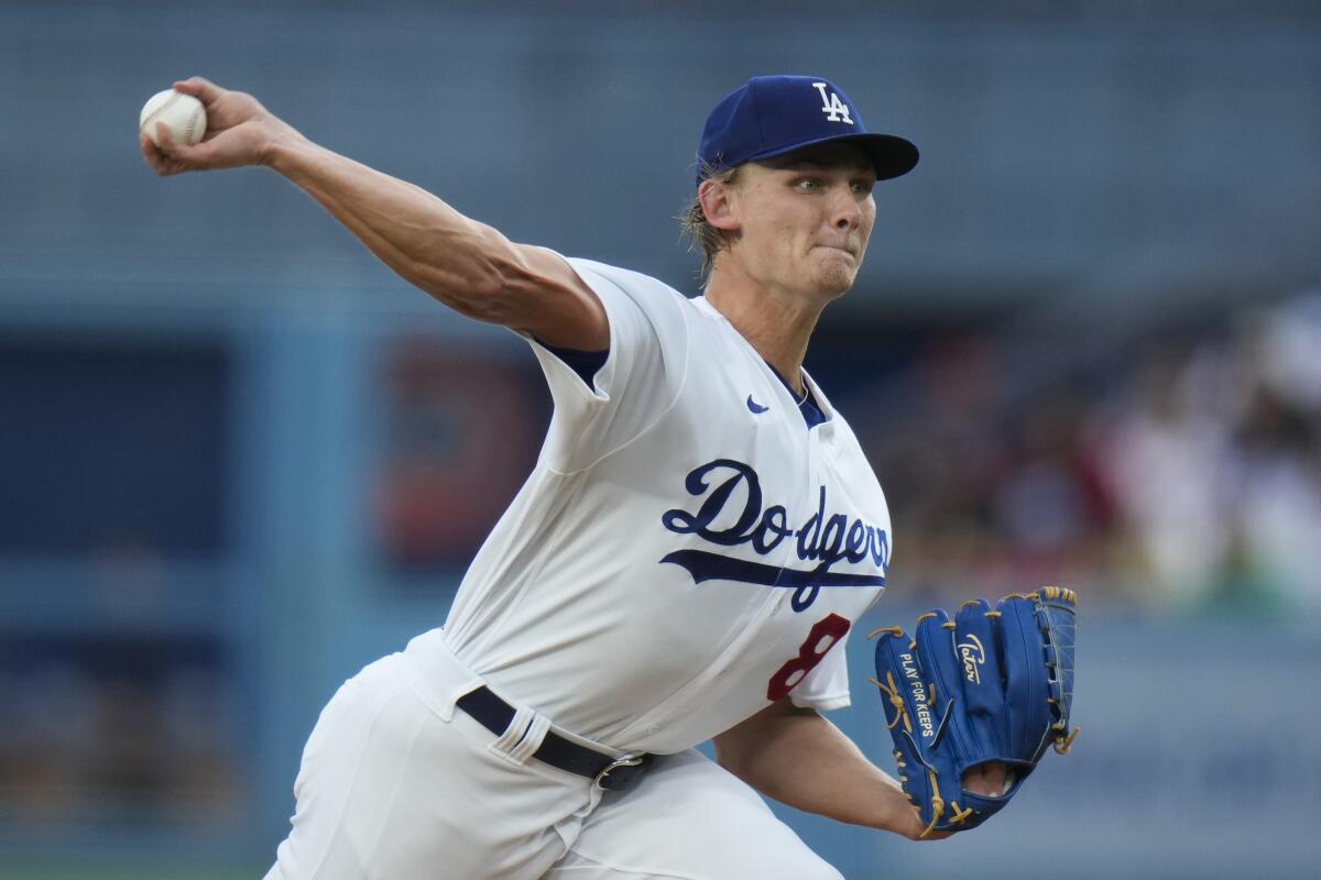 Dodgers starting pitcher Emmet Sheehan delivers against the Atlanta Braves.