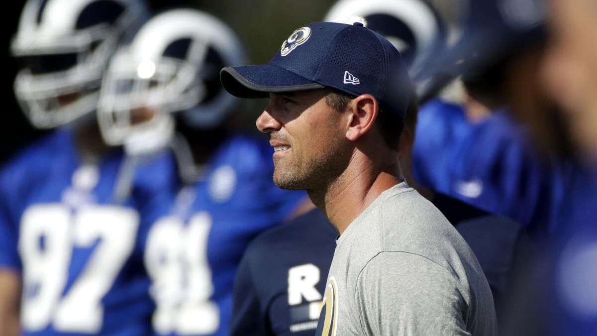 Rams offensive coordinator Matt LaFleur watches players practice at training camp ob July 29, 2017 in Irvine.