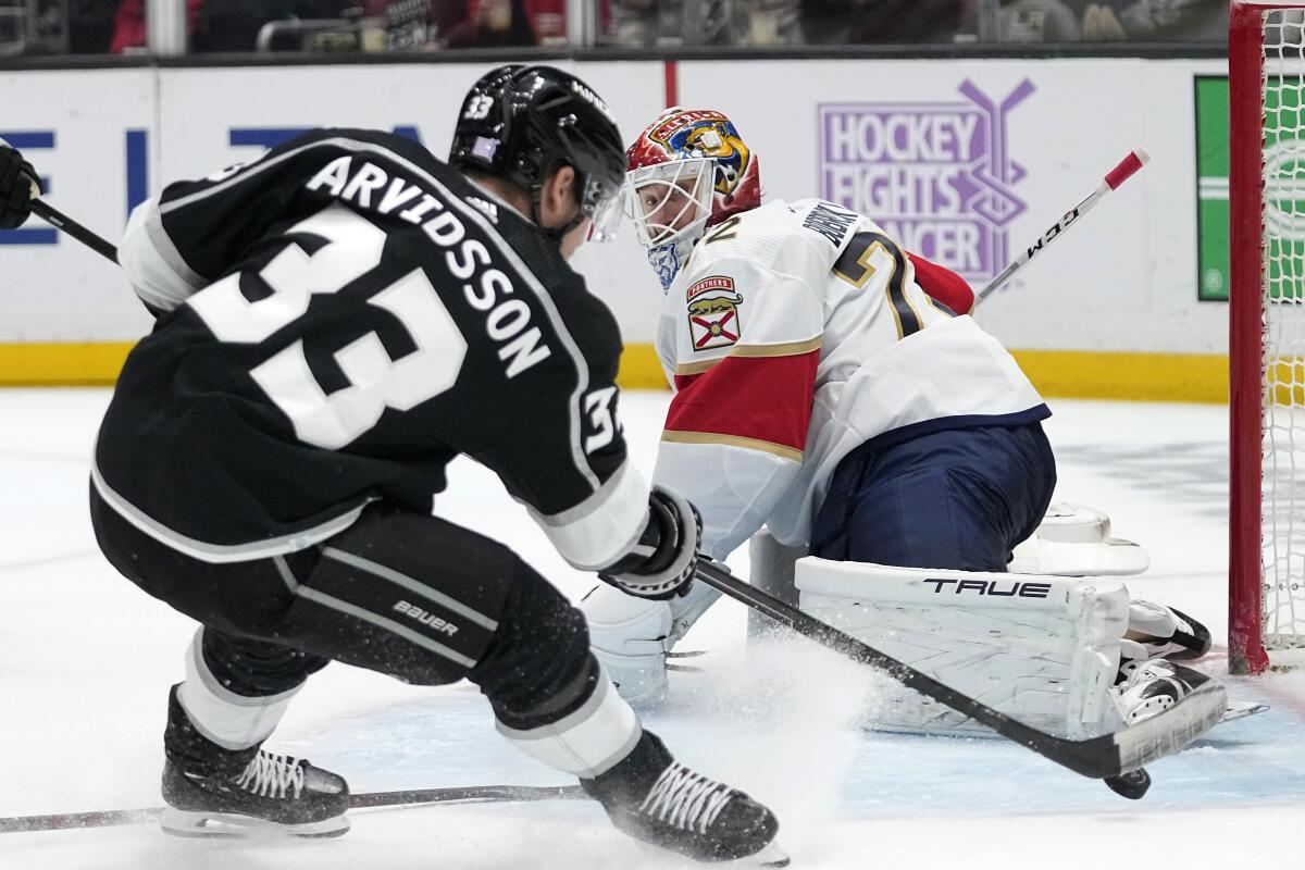 The Kings' Viktor Arvidsson scores on Panthers goalie Sergei Bobrovsky during the second period Nov. 5, 2022.