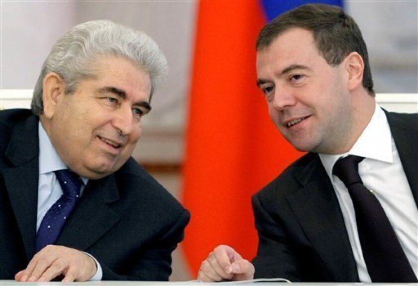 Russian President Dmitry Medvedev, right, and Cyprus President Dimitris Christofias look on during a meeting in Moscow's Kremlin on Wednesday, Nov. 19, 2008. Cyprus is backing Russia's call for a new European security treaty and urging other European Union members to do the same. Russia is a strong critic of NATO, and Medvedev has made calls for a new trans-Atlantic security treaty a major foreign policy thrust of his six-month-old presidency.(AP Photo/Alexander Zemlianichenko)
