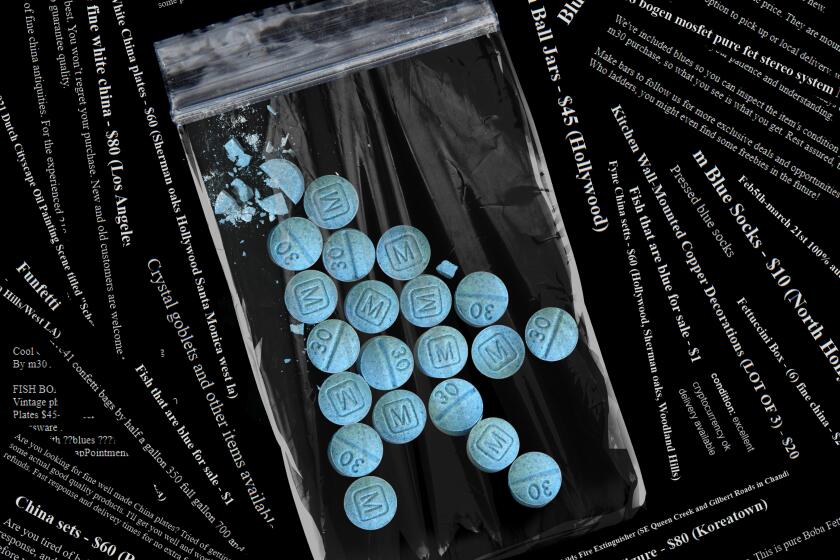 Photo illustration of white pills in the shape of a cursor arrow surrounded by Craigslist ad headlines