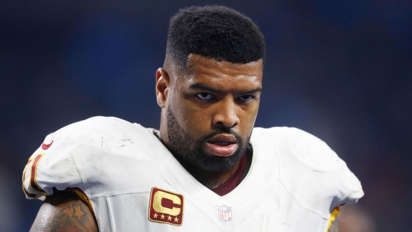 Washington Redskins tackle Trent Williams plays in Detroit, Mich. on Oct. 23, 2016. Williams was suspended for violating the NFL's substance abuse policy in 2016. He also tested positive multiple for marijuana multiple times in 2011.
