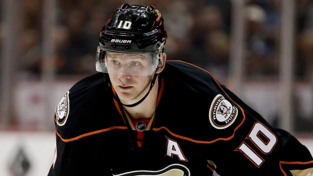 Ducks right wing Corey Perry lines up for a faceoff during the second period of a 4-1 win over the Buffalo Sabres on Oct. 22.