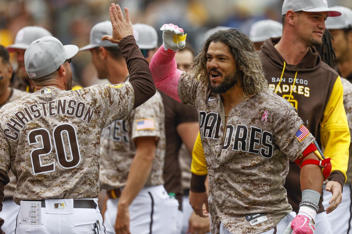 San Diego Padres' Jose Alfaro celebrates after hitting a three-run walkoff  home run against the Miami Marlins during the ninth inning of a baseball  game Sunday, May 8, 2022, in San Diego. (