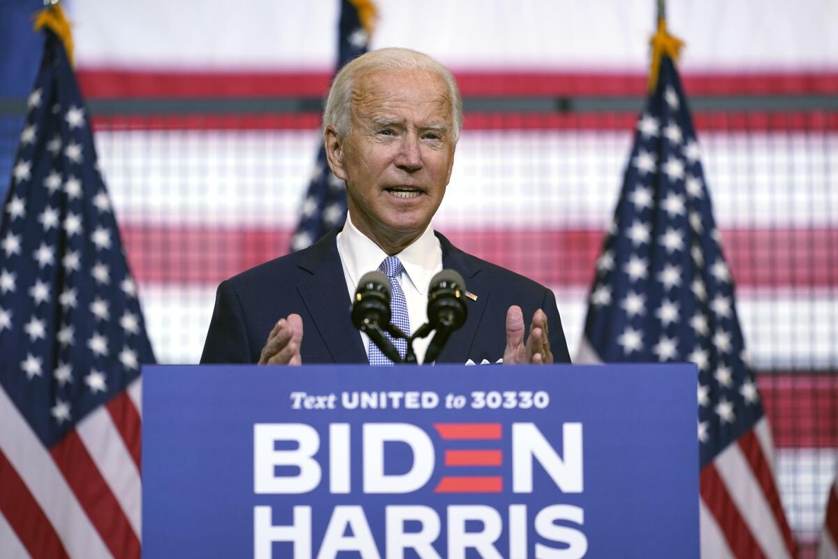 Democratic presidential nominee Joe Biden speaks in Pittsburgh on Monday