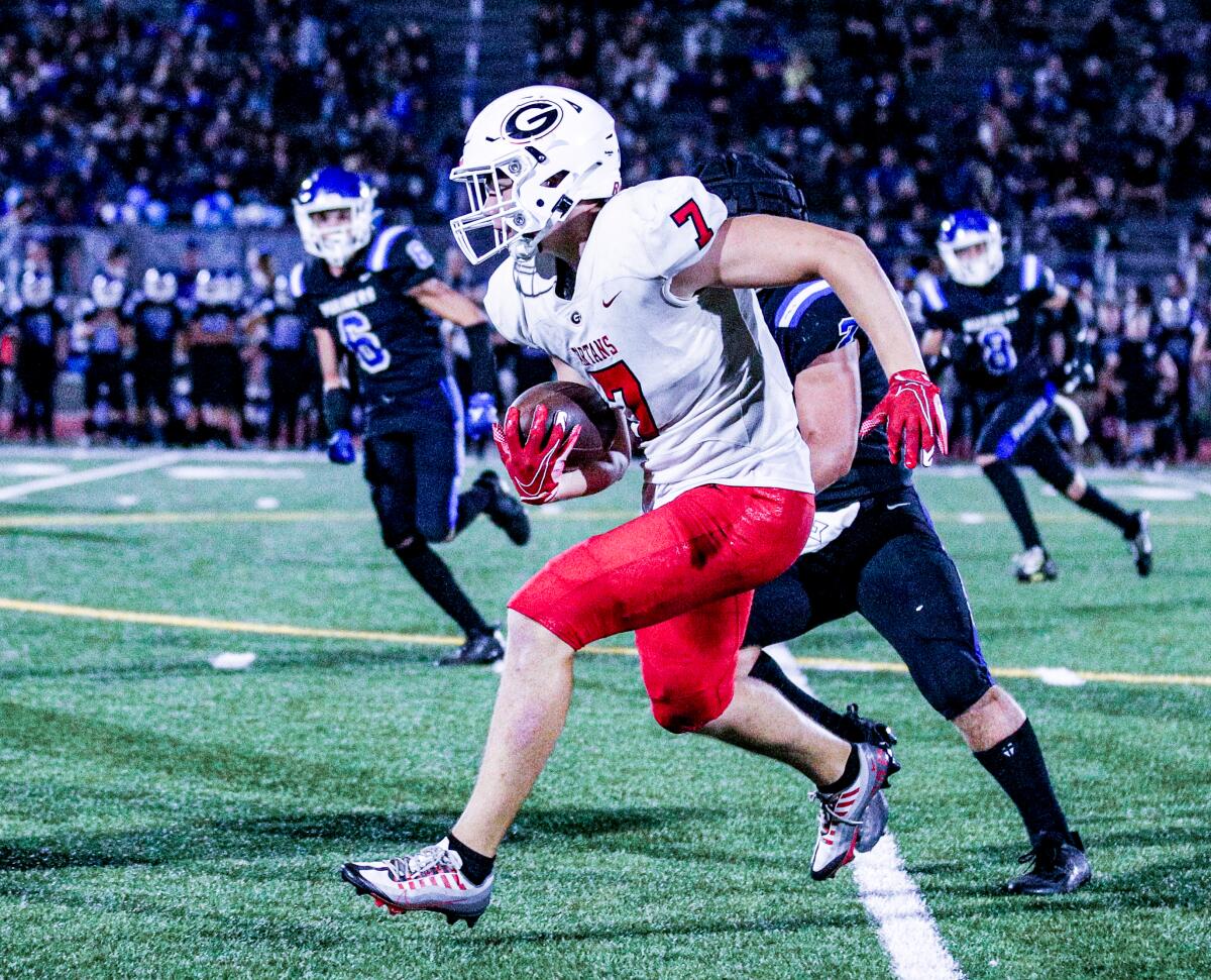 Tight end Decker DeGraaf of Glendora runs for yardage.