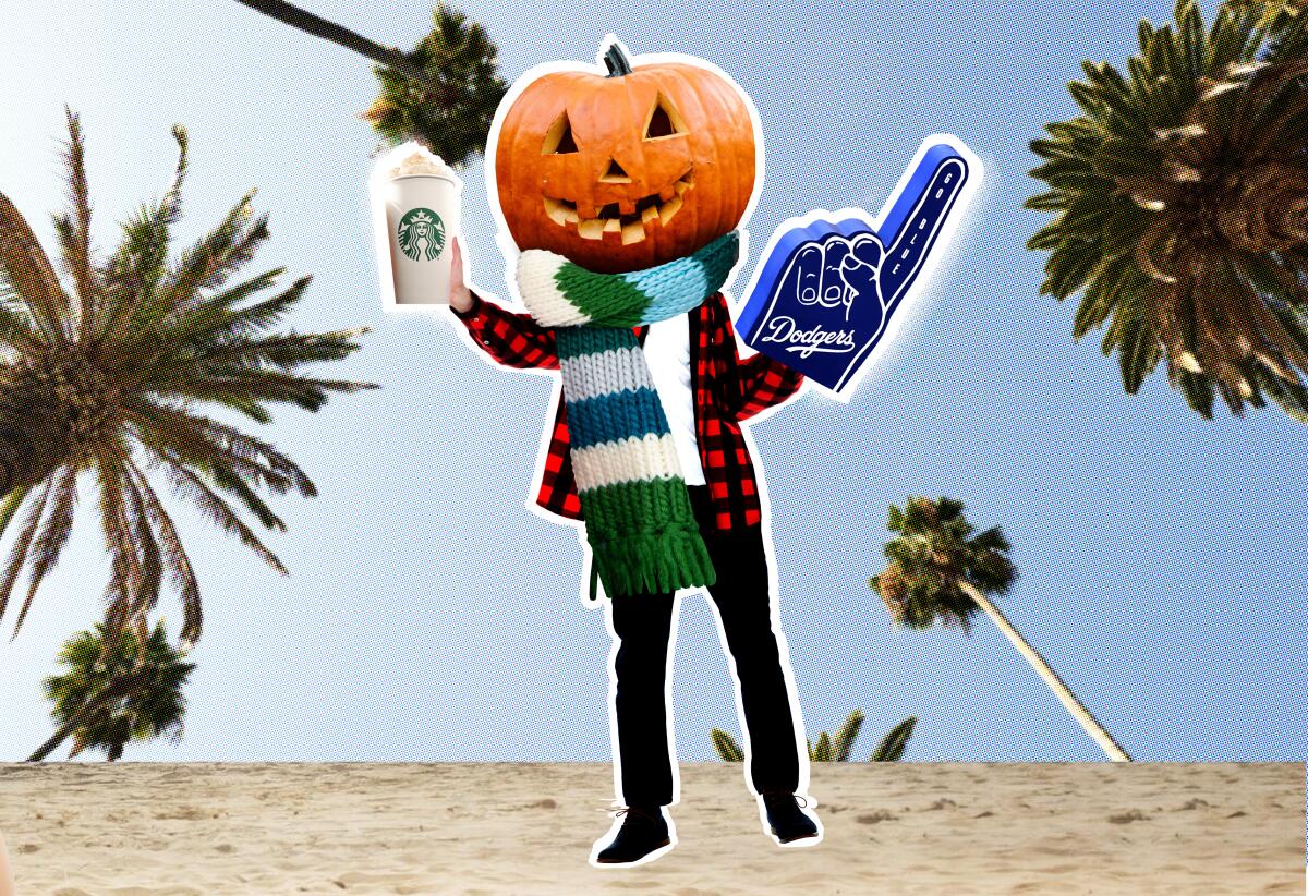A pumpkin-headed, plaid-shirted figure holding a Dodger foam finger and a Starbucks cup