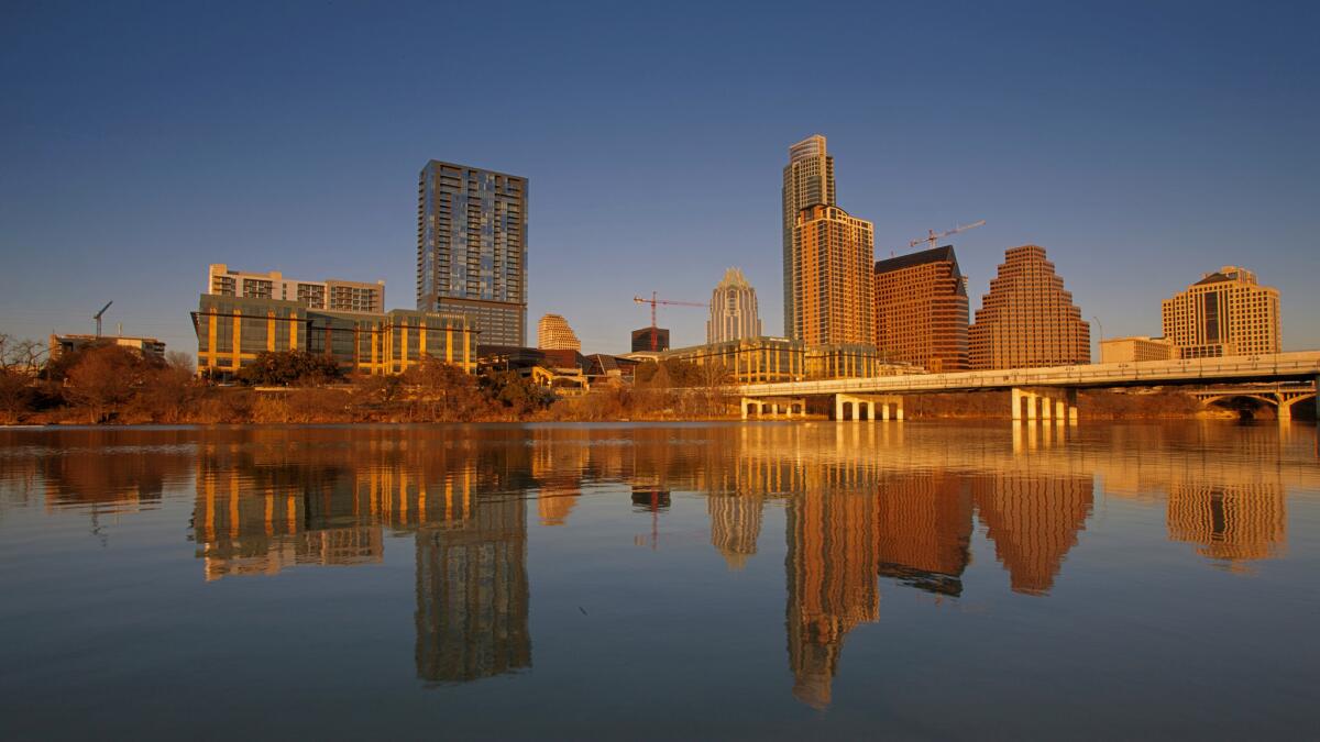 A reflection of the skyline in Austin, Texas. Round-trip airfare from LAX is on sale for $203 on three airlines.
