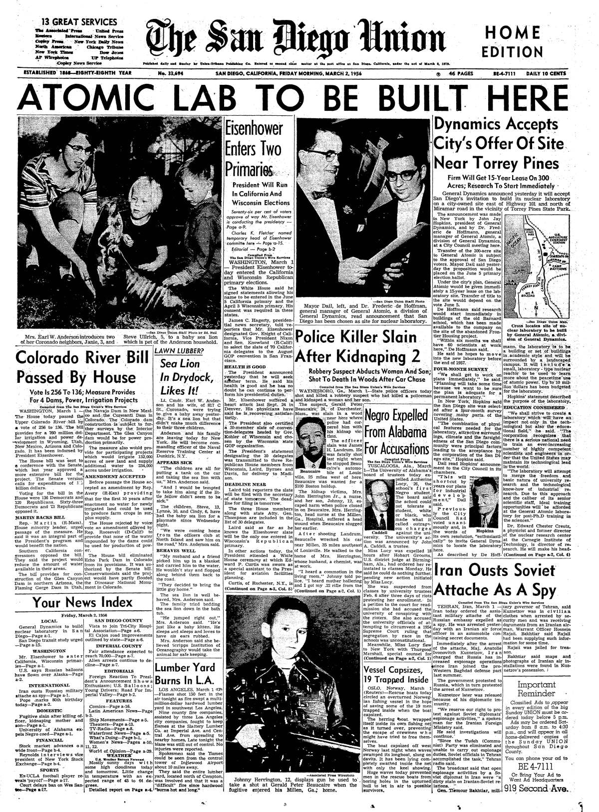 March 2, 1956 front page of the Union 