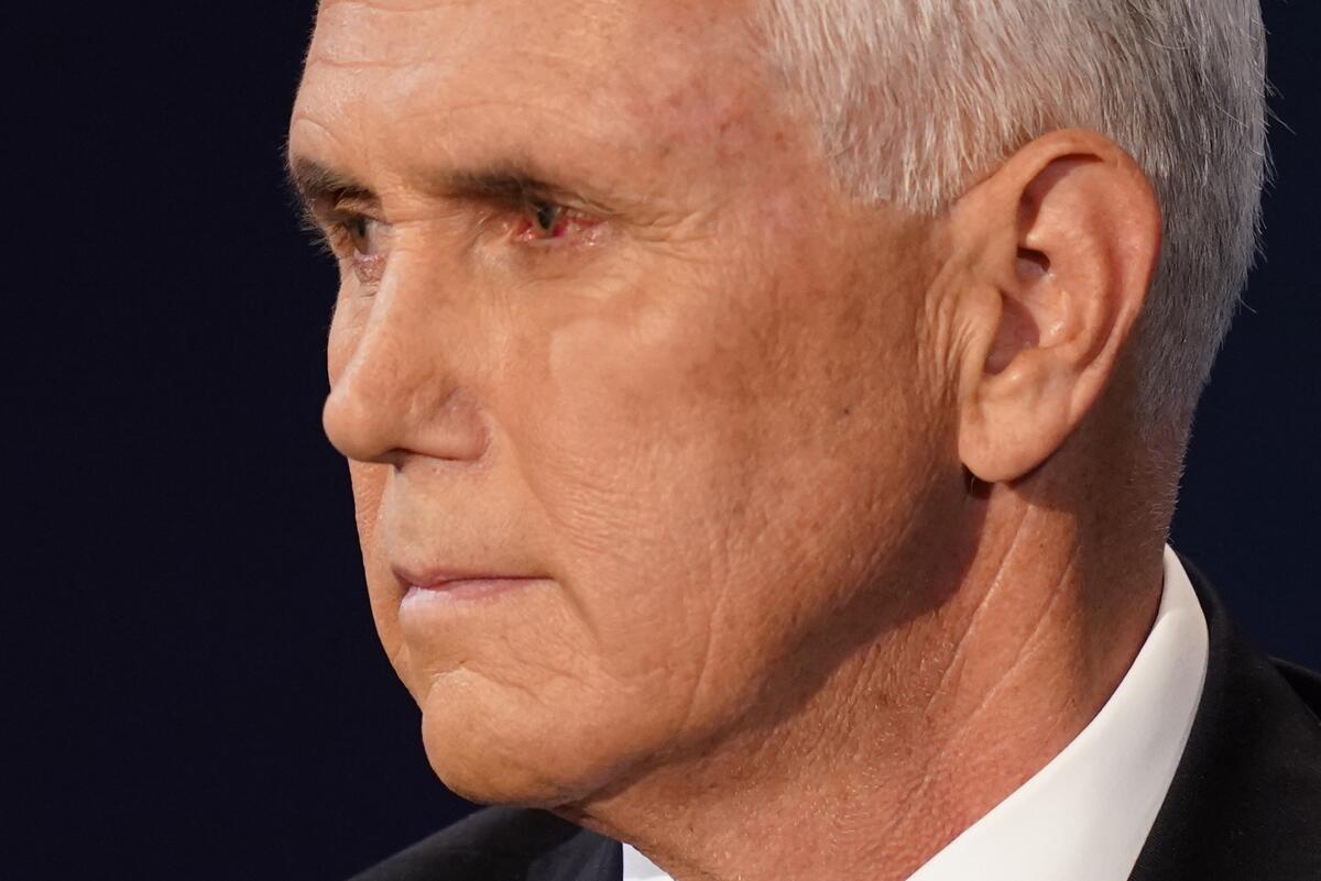 A close view of Vice President Mike Pence's face at Wednesday night's debate shows a reddened left eye.