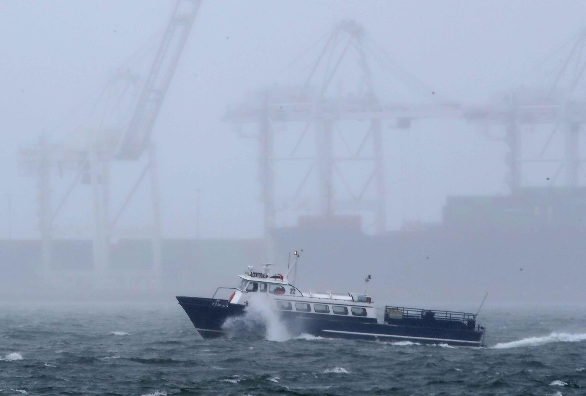 A boat in the rain.