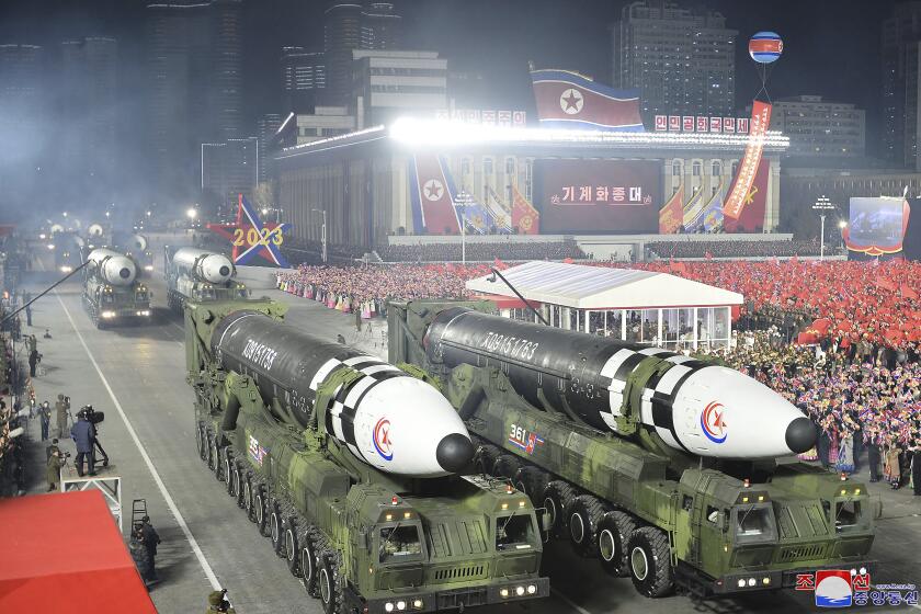 FILE - This photo provided by the North Korean government, shows what it says is Hwasong-17 intercontinental ballistic missiles during a military parade to mark the 75th founding anniversary of the Korean People's Army on Kim Il Sung Square in Pyongyang, North Korea, Wednesday, Feb. 8, 2023. Independent journalists were not given access to cover the event depicted in this image distributed by the North Korean government. The content of this image is as provided and cannot be independently verified. Korean language watermark on image as provided by source reads: "KCNA" which is the abbreviation for Korean Central News Agency. (Korean Central News Agency/Korea News Service via AP, File)