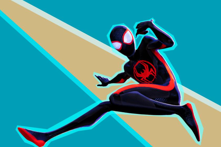 A black-suited Spider-Man leaps.