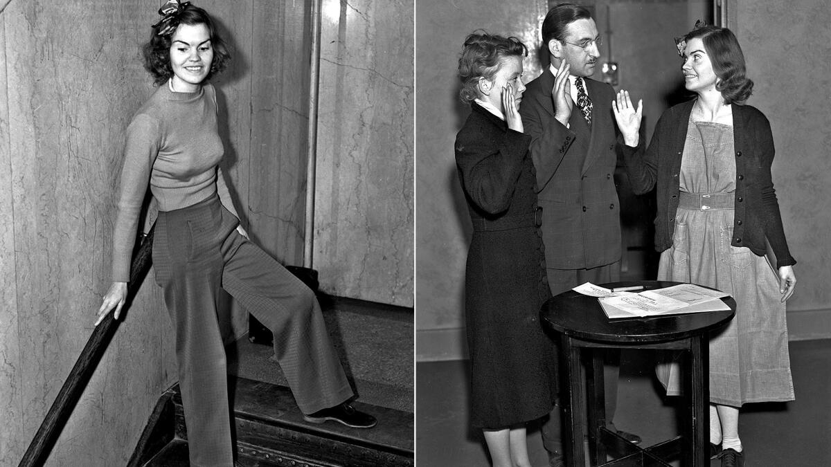 Helen Hulick, a burglary witness, caused a stir in a downtown L.A. courtroom in 1938 by wearing slacks. At right, Hulick, wearing a jail-issued dress, her attorney William Katz and notary Jeanette Dennis work on getting her released.