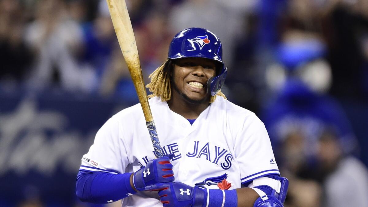 Toronto Blue Jays third baseman Vladimir Guerrero Jr. reacts to a strike call during his first at-bat during the second inning against the Oakland Athletics in Toronto.