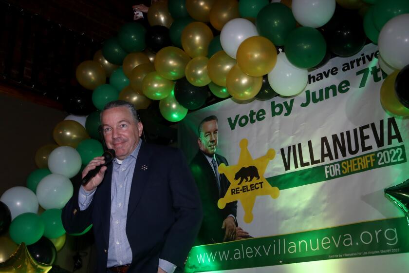 LOS ANGELES, CALIF. - JUNE 7, 2022. Los Angeles County Sheriff Alex Villanueva speaks to supporters at an election night gathering in Boyle Heights on Tuesday, June 7, 2022. (Luis Sinco / Los Angeles Times)